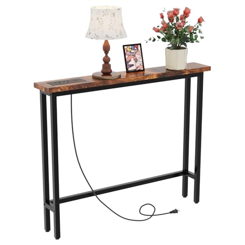 VINGLI 39" Console Table with Power Outlet, Narrow Sofa Table, Rustic Brown | Entryway Table with Charging Station & 4.9 Ft Extension Cord & Adjustable Feet, behind Couch Table for Living Room, Hallway - color: Rustic Brown, size: 39.37"