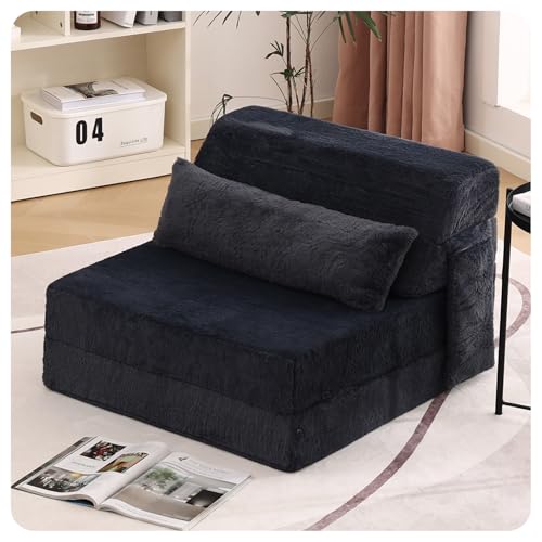 Convertible Folding Sofa Bed Single Size for Adults with Pillow, Plush Fabric Floor Mattress Couch Bed, Washable Cover & Side Pocket, Guest Room, Dorm, Apartment, Living Room, Navy - color: Plush Navy, size: Single Size