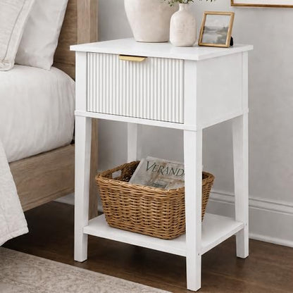 White 15.4" Wide Small Nightstand with Drawer,Open Shelf,Fluted Front | Bright white tone, ribbed fluted front, 11.8-inch slim depth, concealed storage, clean fit for bed, sofa side, or chair side - color: White