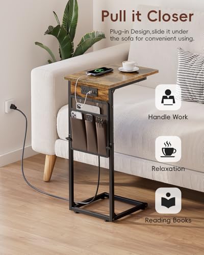 C Shaped End Table with Charging Station, Adjustable Height Side Table for Couch, Small Sofa Table with Storage Bag, Slide Under Sofa TV Tray Snack Arm Tables for Living Room, Bedroom, Brown - color: Rustic Brown, style: With Plug