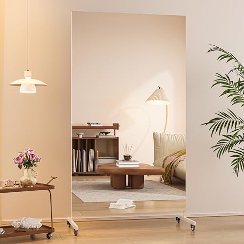 Hasipu 67" x 40" Large Full Length Rolling Mirror with Wheels, White | Tempered glass, sturdy metal frame, smooth rolling casters, removable stand, ideal for gym, bedroom, dance studio - size: 67"L x 40"W