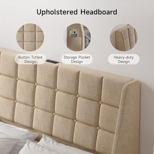 Ergonomic Upholstered Headboard Queen Size w/Charging Station, Linen Wingback Headboards w/Storage Pocket, Queen Headboard Only, Bed Frame Adapters, Sturdy Stable Solid Wood Bed Head Board, Beige - color: Beige, size: Queen