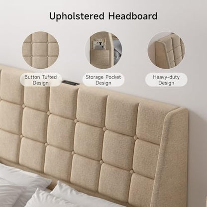 Ergonomic Upholstered Headboard Queen Size w/Charging Station, Linen Wingback Headboards w/Storage Pocket, Queen Headboard Only, Bed Frame Adapters, Sturdy Stable Solid Wood Bed Head Board, Beige - color: Beige, size: Queen