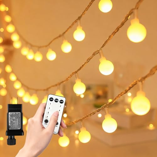 RaThun 65.6ft Globe String Lights with Remote for Indoor Bedroom Warm White | 150 LED Fairy Lights with Timer, 8 Modes, 16ft Extended Lead, Linkable for Bedroom,Dorm,Classroom,Christmas,Indoor Decor - size: 65.6ft Warm White Plug In String Lights