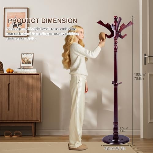Wooden Coat Rack Freestanding with 11 Hooks, Adjustable Height Coat Tree Free Standing Heavy Duty for Entryway, Easy Assembly Solid Wood Sturdy Coat Hats Hanger Stand for Office Hallway Bedroom - color: Redwood-Solid Wood Hook A