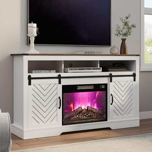 RoyalCraft Farmhouse Fireplace TV Stand for 65+ TV, Entertainment Center with 23" Electric Fireplace with Remote, 34" Tall Modern Rustic TV Console with Sliding Bar Door for Living Room, Antique White - color: White and Rustic Oak, style: Electric Firepla