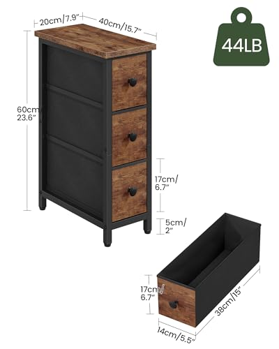 Narrow Side Table with 3 Fabric Drawers, Industrial Slim Bedside Table for Small Spaces, Bedroom, Living Room, Dormitory, Rustic Brown and Black TBZ09BF - color: Rustic Brown + Black