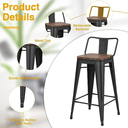 Yongchuang Metal Bar Stools Set of 4, 30" Black Bar Height Stools with Back | Industrial Kitchen Barstools for Kitchen Island Dining Room, Low Back Bar Chairs with Wood Seat, 330LBS Weight Capacity - color: Black, size: 30" Set of 4