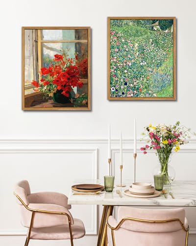 UPWOIGH Red Poppy Framed Impressionist Wall Art, 16 x 24 Inch | Red Poppy Bouquet by a Sunlit Window, Impressionist Oil Painting Style, Warm Wood Frame for Living Room and Bedroom - color: Red Poppies, size: 24"L x 16"W