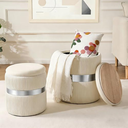 Round Ottoman with Storage Set of 2 White Velvet Vanity Stool | Upholstered,Small Ottoman Coffee Table,Removable Lid,Foot Stool for Living Room,Bedroom,Assembly Free, Silver and White - color: White