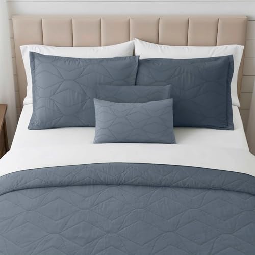 Clara Clark Quilts Twin Size - All Season Bedspread Coverlet Set, Pinsonic Weave Lightweight Bedding Set - 5 Piece Twin Quilt Set with Pillow Shams, Steel Blue - Twin Grid - color: 22 – Slate Blue – Grid, size: Twin