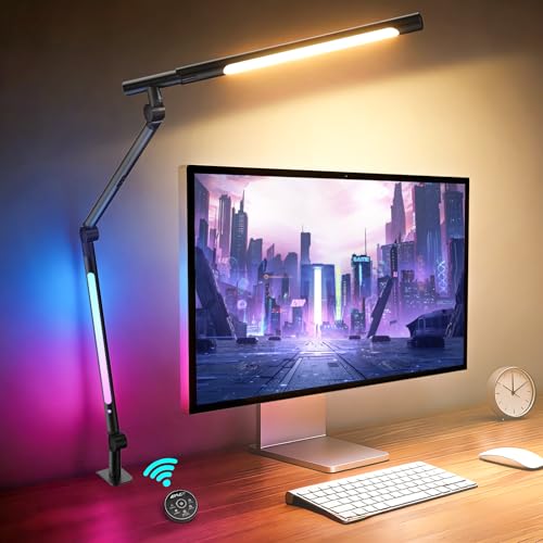 LED Desk Lamp with Clamp, Adjustable Swing Arm RGB Desk Light with Remote, Eye-Caring 4 Modes Stepless Dimming Lamp for Home Office Reading Study Gaming - color: RGB Desk Light