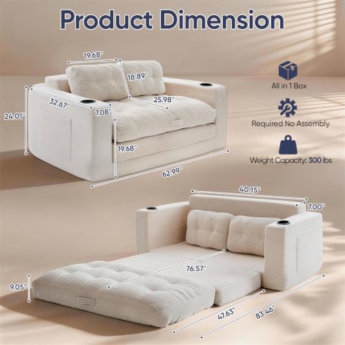 Loveseat Sleeper Sofa Bed, Boneless Convertible Corduroy Pull Out Couch with Cup Holders and 2 Pillows, Space Saving Sofa Bed for Small Spaces, Living Room, Bedroom (Beige) - color: Beige, size: Loveseats