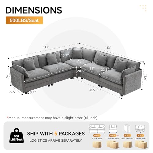 113'' V Shaped Cloud Sectional Sofa, Oversized Deep Seat Couches for Living Room, Chenille Comfy Upholstered Modular Sectional Sofa Couch, Grey - color: Grey, size: 113'' V Shape