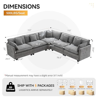 113'' V Shaped Cloud Sectional Sofa, Oversized Deep Seat Couches for Living Room, Chenille Comfy Upholstered Modular Sectional Sofa Couch, Grey - color: Grey, size: 113'' V Shape