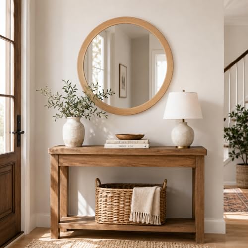 Round Mirror 30 Inch,Natural Vanity Circle Bathroom Mirrors for Wall | Rustic Wood Grain Pattern, Tempered glass, Bedroom Living Room or Entryway - color: Natural, size: 30"L x 30"W