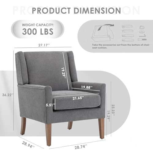 COLAMY Modern Wingback Living Room Chair, Upholstered Fabric Accent Armchair, Single Sofa Chair with Lounge Seat and Wood Legs for Bedroom/Office/Reading Spaces, Gery - color: Grey, size: Set of 1
