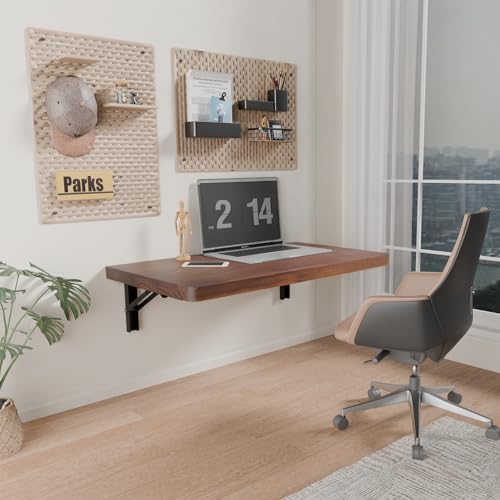 IAE Wall Mounted Folding Table with Pine Wood,24" x 14"Floating Wall Desk | Laundry Folding Table with Shelf Brackets,Fold Down Desk Shelf,Fold Workbench for Apartments,Home,Laundry Room,Kitchen,Brown - color: Brown, size: 24*13.7*6.3 Inch