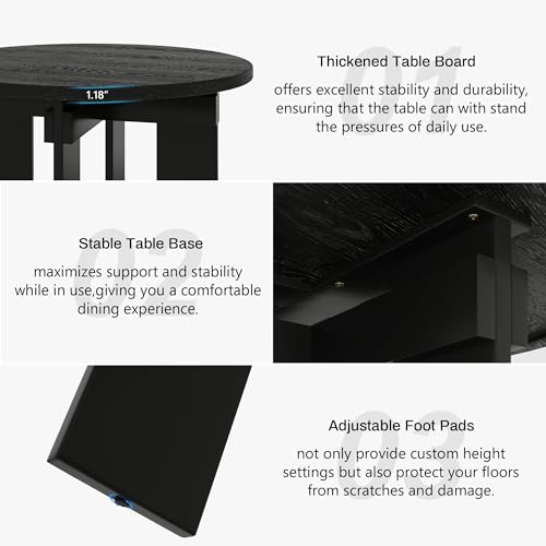 Rophefx 44.9" Round Dining Table for 4-6, Farmhouse Kitchen Table, Black | Modern wood table seats 4 to 6, with adjustable foot pads for stability in dining rooms, kitchens, or breakfast areas - color: Black