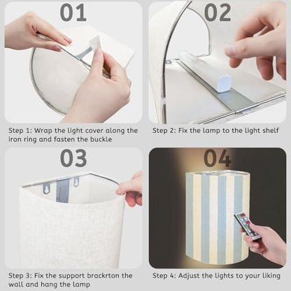 Wall Sconces Set of Two Battery Operated Blue Stripes Classic Striped Seamless Hand Drawn Brush Strokes Stripes Plug in Wall Lights Fixtures Remote Dimmable for Bedroom Living Room Hallway