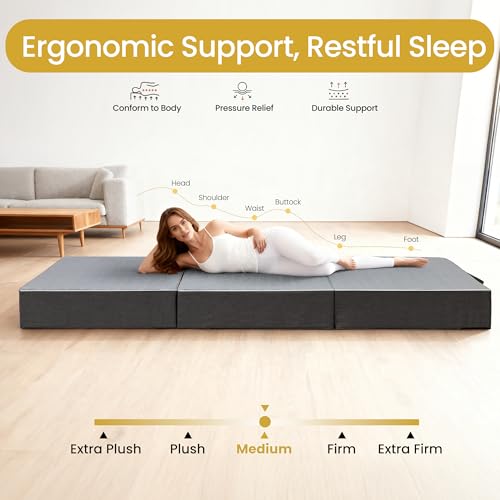 Tri Folding Mattress Queen Size - 6 Inch Dual-Layer Memory Foam Foldable Mattress Portable Floor Bed Sofa with Removable Washable Cover, Handle & Non-Slip Bottom for Travel,RV,Camping,Guest,Yoga - size: Queen