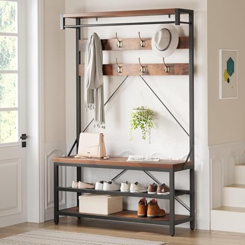 Takywep 72" Coat Rack Shoe Bench, Industrial Hall Tree Storage Bench for Entryway, Wood Look Accent Large Shoe Rack with Storage Shelf Hanging Bar and 8 Hooks - color: Rustic Brown