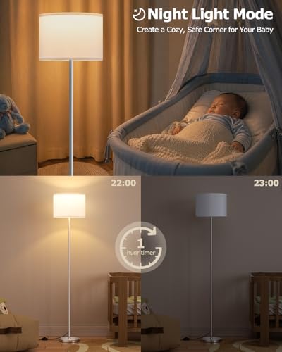 Dimmable Floor Lamp for Living Room with Remote, 9W 900LM LED Bulb Included, White Shade Silver Pole - color: silver & white