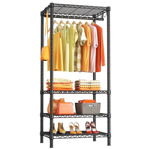 H4 Mini Portable Closet, 4 Tiers Freestanding Clothing Garment Rack for Small Space, Metal Clothes Wardrobe System for Bedroom, 23.6" W x 14" D x 76.4" H, Load 502 lbs, Black | Metal Clothes Wardrobe System for Apartment, Small Space and Bedroom, Load 502