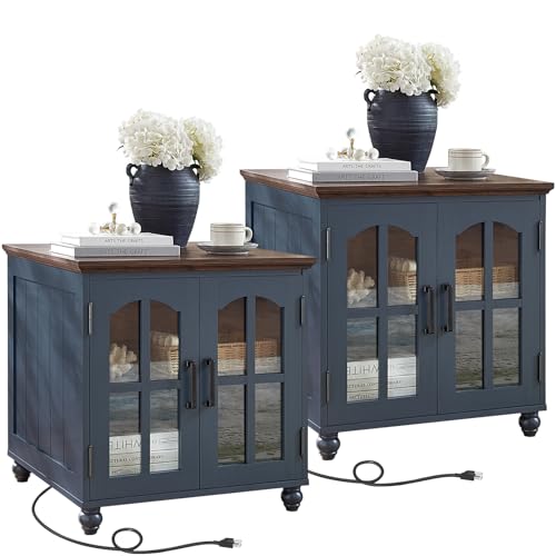 RWYHG Farmhouse 24" End Table Set 2 with Charger, Glass Barn Door, Blue | USB Ports, Solid Wood Legs, Adjustable Storage Shelf, Square Bedside Table for Living Room,Bedroom - color: Blue, size: Set 2