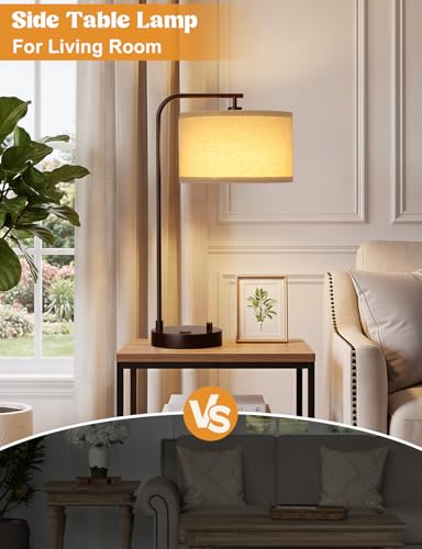 Innqoo Brown Table Lamp for Bedroom with USB Port and Outlet, Dimmable Nightstand Bedside Lamps with Linen Lampshade, Desk Lamp for Home Office, Living Room, Guest Room, LED Bulb Included - color: E-Beige Shade & Brown Base