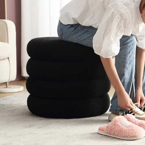 Flouki 19.5" Storage Ottoman Round, Vanity Stools for Bedroom, Sherpa Pouf Ottoman with Removable Lid, Modern Ottoman Stool for Girls Women, Foot Stool for Living Room, Black - color: Black