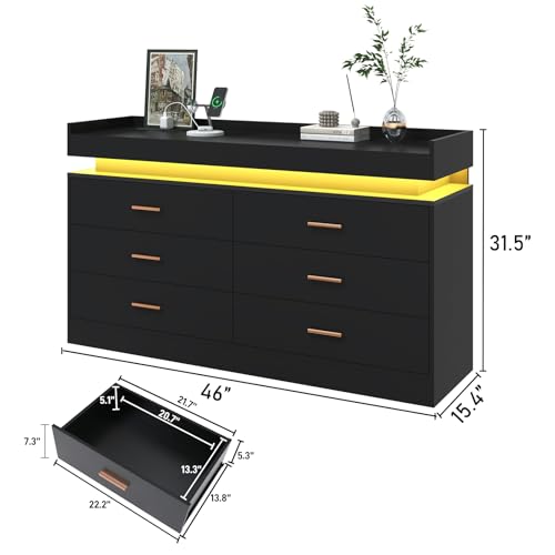 jiteentarou 6 Drawer Dresser with Charging Station and LED Lights, Modern Chest of Drawers with Power Outlet, Organizer Cabinet for, Living Room, Black - color: Black, size: 15.7"D x 46"W x 31.5"H (6 Drawers)