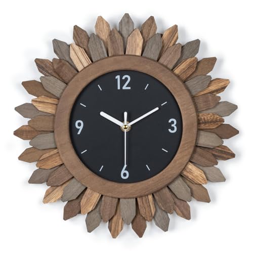 Wall Clock Battery Operated 12 in Rustic Wood Boho Sunburst Decorative Wall Clock Silent Non Ticking Farmhouse Small Wall Clocks for Living Room Kitchen Bathroom Bedroom Decor (Tricolor) - color: Tricolor, size: 12 Inch