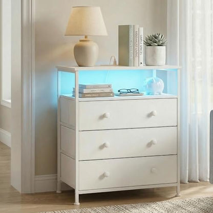3-Drawer LED Nightstand with Charging Station, White | Engineered Wood and Steel, 2 AC and 2 USB ports, 24 Inch Wide, RGB App Control, Fabric Drawers, Open Storage Shelf - color: White