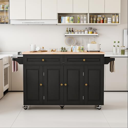 59 Kitchen Island Cart with Drop Leaf Breakfast Bar, Rolling Mobile Kitchen Island Table on Wheels with Storage Cabinet, Drawer, Spice/Towel Rack, Black - size: 59 Inch