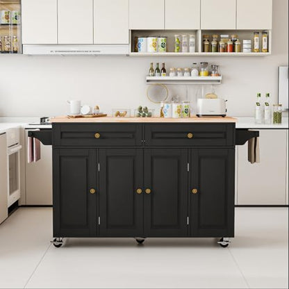 59 Kitchen Island Cart with Drop Leaf Breakfast Bar, Rolling Mobile Kitchen Island Table on Wheels with Storage Cabinet, Drawer, Spice/Towel Rack, Black - size: 59 Inch