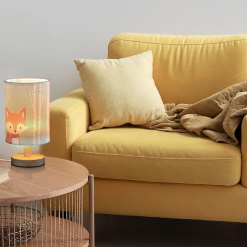 Fustylead Cute Fox in Forest Cartoon Animal Bedside Table Lamps with USB Port for Bedroom LampSmall Nightstand Lamp Sturdy Linen Shade Wooden Base Decorative Lamps for Nursery Kids Reading Dorm Home - color: Cute Fox
