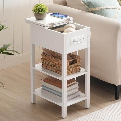 HOOBRO End Table with Charging Station, Flip Top Side Table with USB Ports, Narrow Nightstand Bedside Tables with Storage Shelves, for Small Space, Living Room, White WT141UBZ01 - color: White