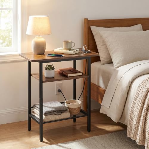 HOOBRO Side Table, Narrow End Table with Shelf and Charging Station, 3-Tier Bedside Tables with Wide Storage Tabletop for for Small Spaces, Living Room, Bedroom, Rustic Brown and Black BF366UBZ01 - color: Rustic Brown + Black