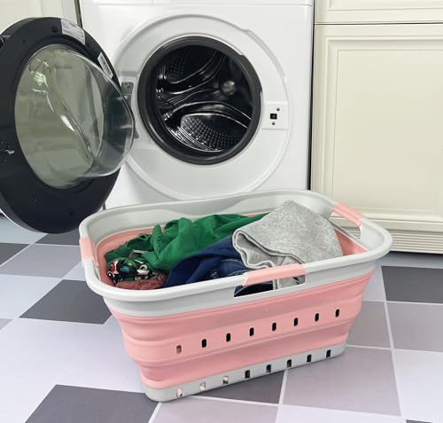 SAMMART 42L (11 gallon) Collapsible Plastic Laundry Basket - Foldable Pop Up Storage Container/Organizer - Space Saving Hamper/Basket (1, Grey/Quartz Pink) - color: Grey/Quartz Pink