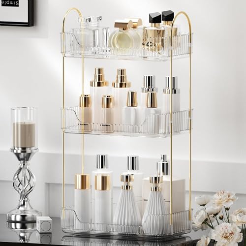 YCIA&DONE Bathroom Organizer Countertop, Makeup Storage, Skincare Cosmetic Tray Shelf, Perfume Holder Rack for Vanity Counter, Large Capacity, Easy to Install, Clean, 3 Tiers, Clear White - color: Clear White, size: 3-Tier