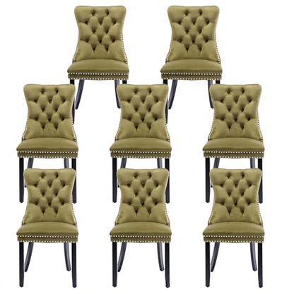 Velvet Upholstered Dining Chairs Set of 8, Modern Style Kitchen Side Chairs with Nailhead Trim and Wood Legs,Metal Pulling Ring for Dining Room Living Room(Olive Green) - color: Olive Green, size: Set of 8