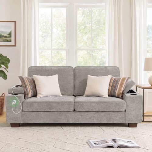 83" Couches for Living Room, Deep Seat Chenille Loveseat Sofa, Light Grey | With USB & Type-C Ports, Adjustable Storage Armrest, Cup Holders, Solid Wood Frame Small Sofa for Small Spaces - color: Light Grey