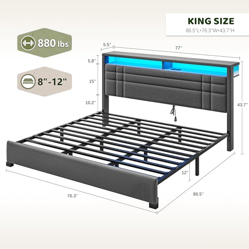 EnHomee King Upholstered Bed Frame with Charge Station & LED Lights, Grey | 2-Tier Shelves Headboard, 12" Under-Bed Storage Space, Noise-Free, No Box Spring Needed, Easy Assembly - color: Grey, size: King (U.S. Standard)
