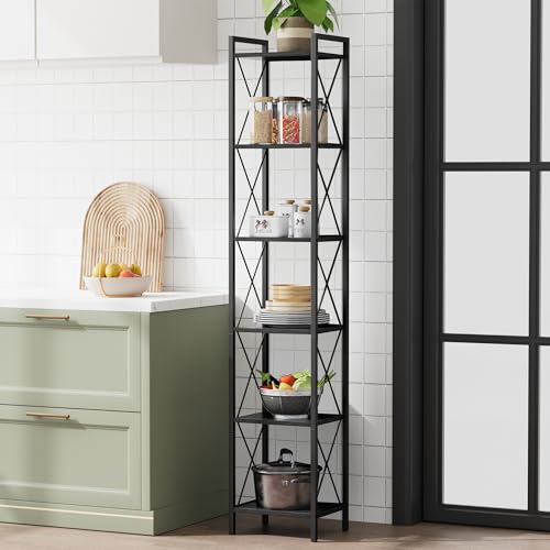 Homhedy 6 Tier Small Bookshelf, Tall Narrow Bookcase, Metal Book Shelf | Industrial Style for Small Spaces, Home, Office, Living Room, Kitchen, Bedroom , 10.4" D x 13" W x 67.4" H, Black - color: Black, size: 10.4"D x 13"W x 67.4"H
