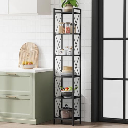 Homhedy 6 Tier Small Bookshelf, Tall Narrow Bookcase, Metal Book Shelf | Industrial Style for Small Spaces, Home, Office, Living Room, Kitchen, Bedroom , 10.4" D x 13" W x 67.4" H, Black - color: Black, size: 10.4"D x 13"W x 67.4"H