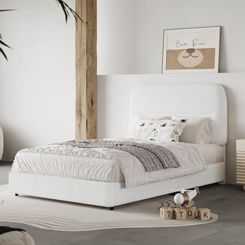HOMBCK Twin Bed Frames with Headboard, Boucle Upholstered Platform Bed Twin Size for Kids, Rounded Corners & Thickened Footboard, No Box Spring Needed/Easy Assembly, White - color: White, size: Twin