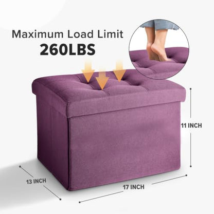 LINMAGCO Storage Ottoman Folding Foot Stool Foot Rest with Side Pocket Modern Ottoman with Storage Short Sofa Stool Linen Cloth 17x13x13(Purple)