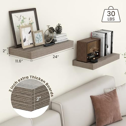 Deep Floating Shelves, 24'' x 12'' Grey Shelves for Wall Set of 2 | Invisible Brackets, Engineered Wood, Mounting Hardware Included, 40LBS, Bathroom, Laundry Room, Kitchen, Living Room - color: Grey, size: 24W x 11.6D x 2H, 2 Pack
