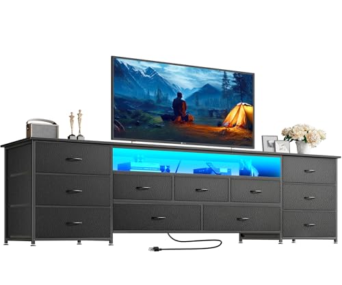Huuger 78.7 Inch TV Stand for 75, 80 Inch TV, 11 Drawer Long Dresser with Power Outlets and LED Lights, Entertainment Center with Storage, Black Dresser with PU Leather Surface - color: Black, size: 13.8"D x 78.7"W x 26.8"H